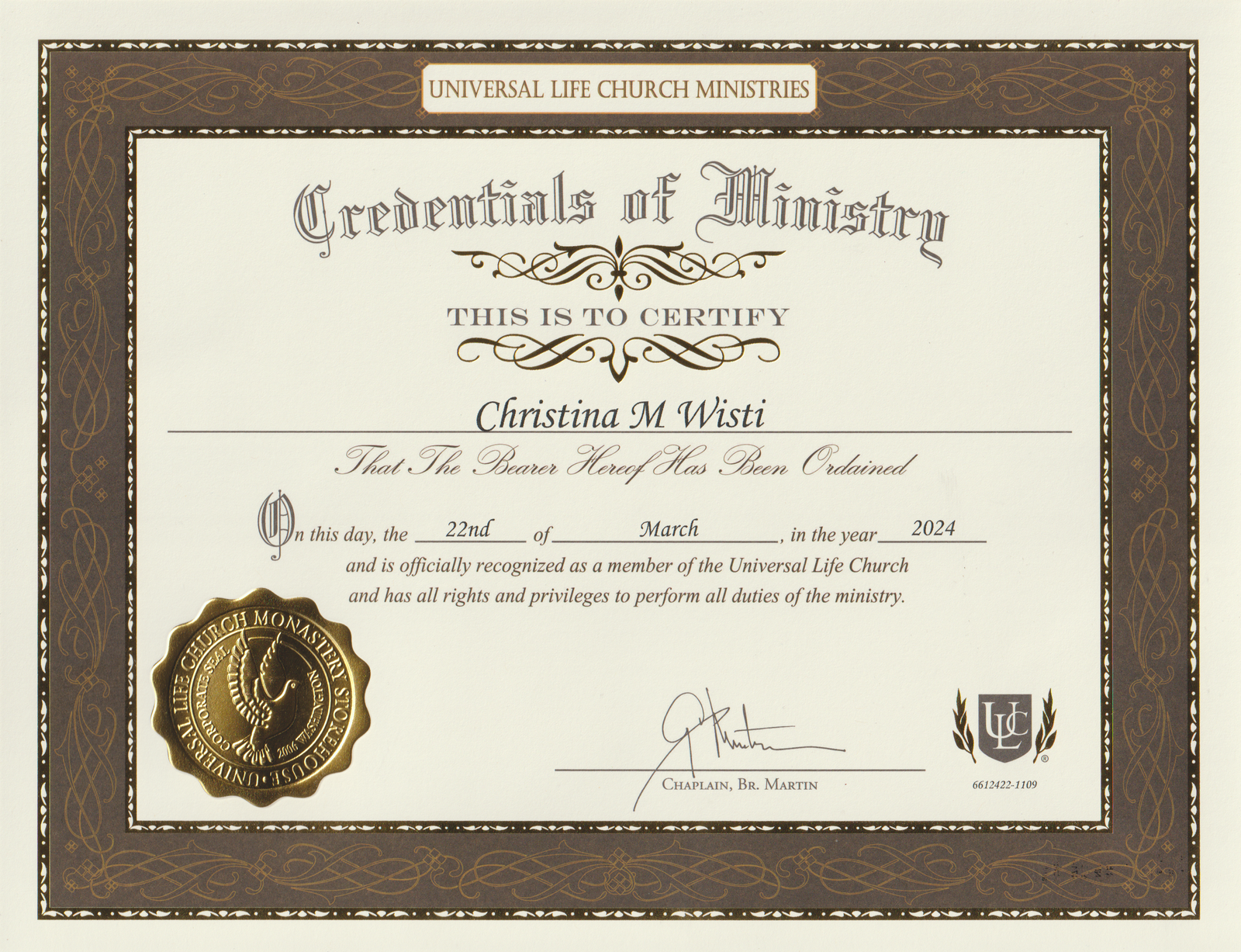 Tina's Ministry Credentials